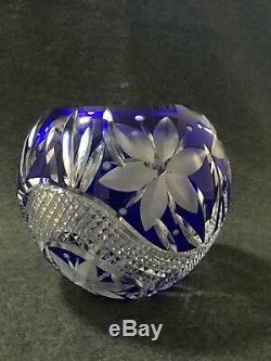 Cobalt Blue Cut To Clear Crystal Round Flower Design Vase/Bowl