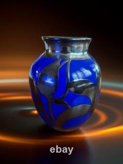 Cobalt Blue Glass Bud Vase Art Nouveau Sterling Silver Overlay Fredrich Spahr
