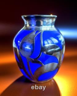 Cobalt Blue Glass Bud Vase Art Nouveau Sterling Silver Overlay Fredrich Spahr