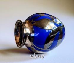 Cobalt Blue Glass Bud Vase Art Nouveau Sterling Silver Overlay Fredrich Spahr