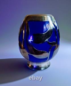 Cobalt Blue Glass Bud Vase Art Nouveau Sterling Silver Overlay Fredrich Spahr
