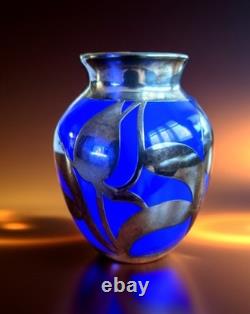 Cobalt Blue Glass Bud Vase Art Nouveau Sterling Silver Overlay Fredrich Spahr