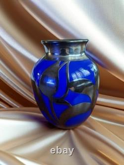 Cobalt Blue Glass Bud Vase Art Nouveau Sterling Silver Overlay Fredrich Spahr