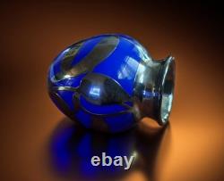 Cobalt Blue Glass Bud Vase Art Nouveau Sterling Silver Overlay Fredrich Spahr