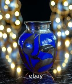 Cobalt Blue Glass Bud Vase Art Nouveau Sterling Silver Overlay Fredrich Spahr