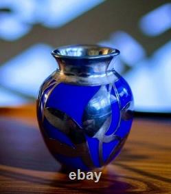 Cobalt Blue Glass Bud Vase Art Nouveau Sterling Silver Overlay Fredrich Spahr