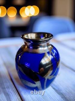 Cobalt Blue Glass Bud Vase Art Nouveau Sterling Silver Overlay Fredrich Spahr