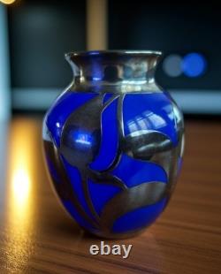 Cobalt Blue Glass Bud Vase Art Nouveau Sterling Silver Overlay Fredrich Spahr
