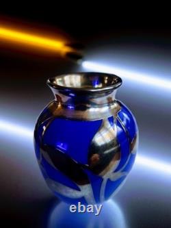 Cobalt Blue Glass Bud Vase Art Nouveau Sterling Silver Overlay Fredrich Spahr