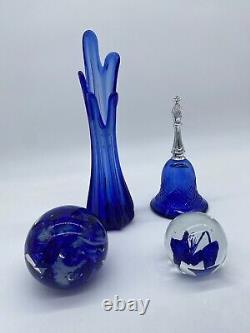 Cobalt Blue Glass Bundle Paperweights, Swung Vase & Avon Bell (See Photos)