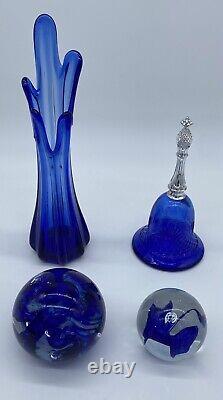 Cobalt Blue Glass Bundle Paperweights, Swung Vase & Avon Bell (See Photos)