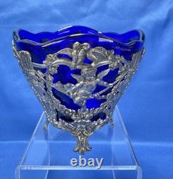 Cobalt Blue Glass Vase Insert Cherub Putti Lovebirds Silverplate Openwork C & Co