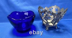 Cobalt Blue Glass Vase Insert Cherub Putti Lovebirds Silverplate Openwork C & Co