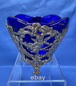 Cobalt Blue Glass Vase Insert Cherub Putti Lovebirds Silverplate Openwork C & Co