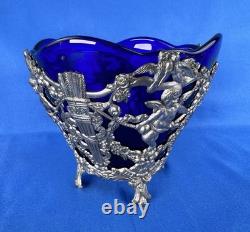 Cobalt Blue Glass Vase Insert Cherub Putti Lovebirds Silverplate Openwork C & Co