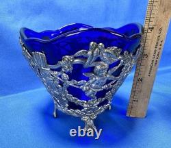 Cobalt Blue Glass Vase Insert Cherub Putti Lovebirds Silverplate Openwork C & Co