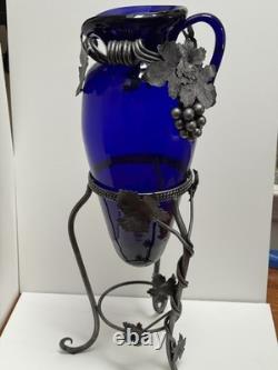 Cobalt Blue Glass Vase in Metal stand