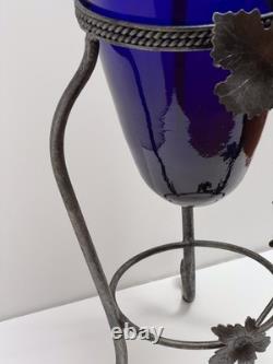 Cobalt Blue Glass Vase in Metal stand