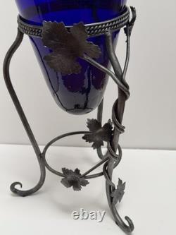 Cobalt Blue Glass Vase in Metal stand