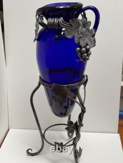 Cobalt Blue Glass Vase in Metal stand