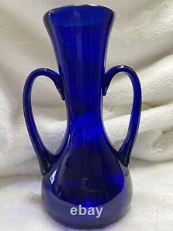Cobalt Blue Glass Vase with Reeded Handles