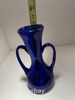 Cobalt Blue Glass Vase with Reeded Handles