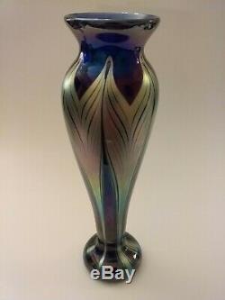 Cobalt Blue Iridescent Art Glass Vase, Pulled Feathers, signed Kent Fiske 9.25