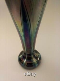Cobalt Blue Iridescent Art Glass Vase, Pulled Feathers, signed Kent Fiske 9.25