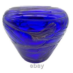 Cobalt Blue & Metallic Hand Blown Art Glass Centerpiece Vase
