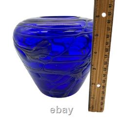 Cobalt Blue & Metallic Hand Blown Art Glass Centerpiece Vase