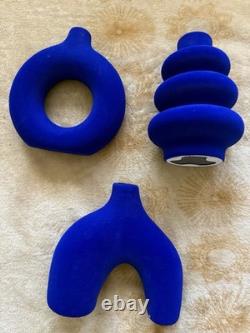 Cobalt Blue Modern Sculptural Decorative Vases Velvet Finish Set of 3