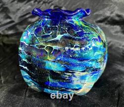 Cobalt Blue Papillon Bohemian Iridescent Czech Cuk 99' Glass Vase 5 Over