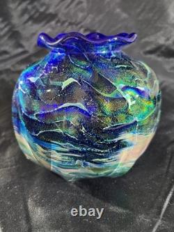 Cobalt Blue Papillon Bohemian Iridescent Czech Cuk 99' Glass Vase 5 Over