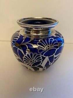 Cobalt Blue Silver Overlay Vase Friedrich Spahr -Jean Beck Unsigned