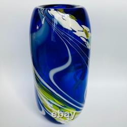 Cobalt Blue Swirl Art Glass Vase Artist Signed WRK 10