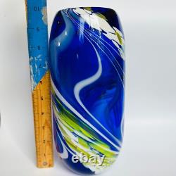 Cobalt Blue Swirl Art Glass Vase Artist Signed WRK 10