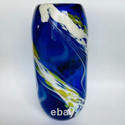 Cobalt Blue Swirl Art Glass Vase Artist Signed WRK 10