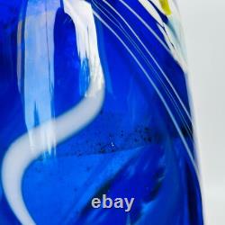 Cobalt Blue Swirl Art Glass Vase Artist Signed WRK 10