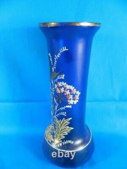 Cobalt Czech Bohemian Hand Blown Glass Vase w Gold and Enamel