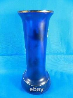 Cobalt Czech Bohemian Hand Blown Glass Vase w Gold and Enamel