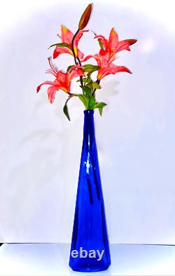 Cobalt Glass Blue Vintage Vase / Bottle + Faux Flower Modern Art
