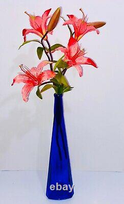 Cobalt Glass Blue Vintage Vase / Bottle + Faux Flower Modern Art