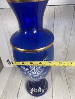 Cobalt blue glass vase 17 Gold Trim Silver Flowers