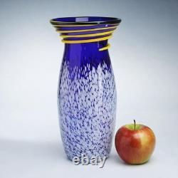 Contemporary Hand-Blown Cobalt Art Glass Vase with Yellow Spiral Trail