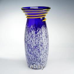 Contemporary Hand-Blown Cobalt Art Glass Vase with Yellow Spiral Trail