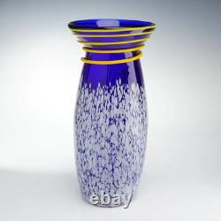Contemporary Hand-Blown Cobalt Art Glass Vase with Yellow Spiral Trail