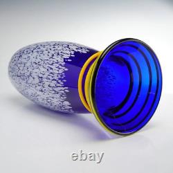 Contemporary Hand-Blown Cobalt Art Glass Vase with Yellow Spiral Trail