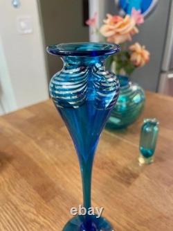 Correia Art Glass Tall Bud Vase in Cobalt Blue and Silver Feathering
