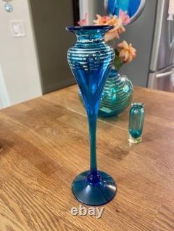 Correia Art Glass Tall Bud Vase in Cobalt Blue and Silver Feathering