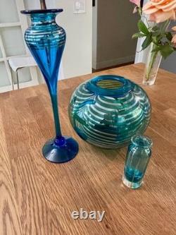 Correia Art Glass Tall Bud Vase in Cobalt Blue and Silver Feathering